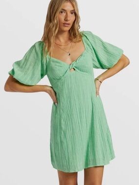 Billabong Green Puff Sleeve Mini Dress with Front Twist